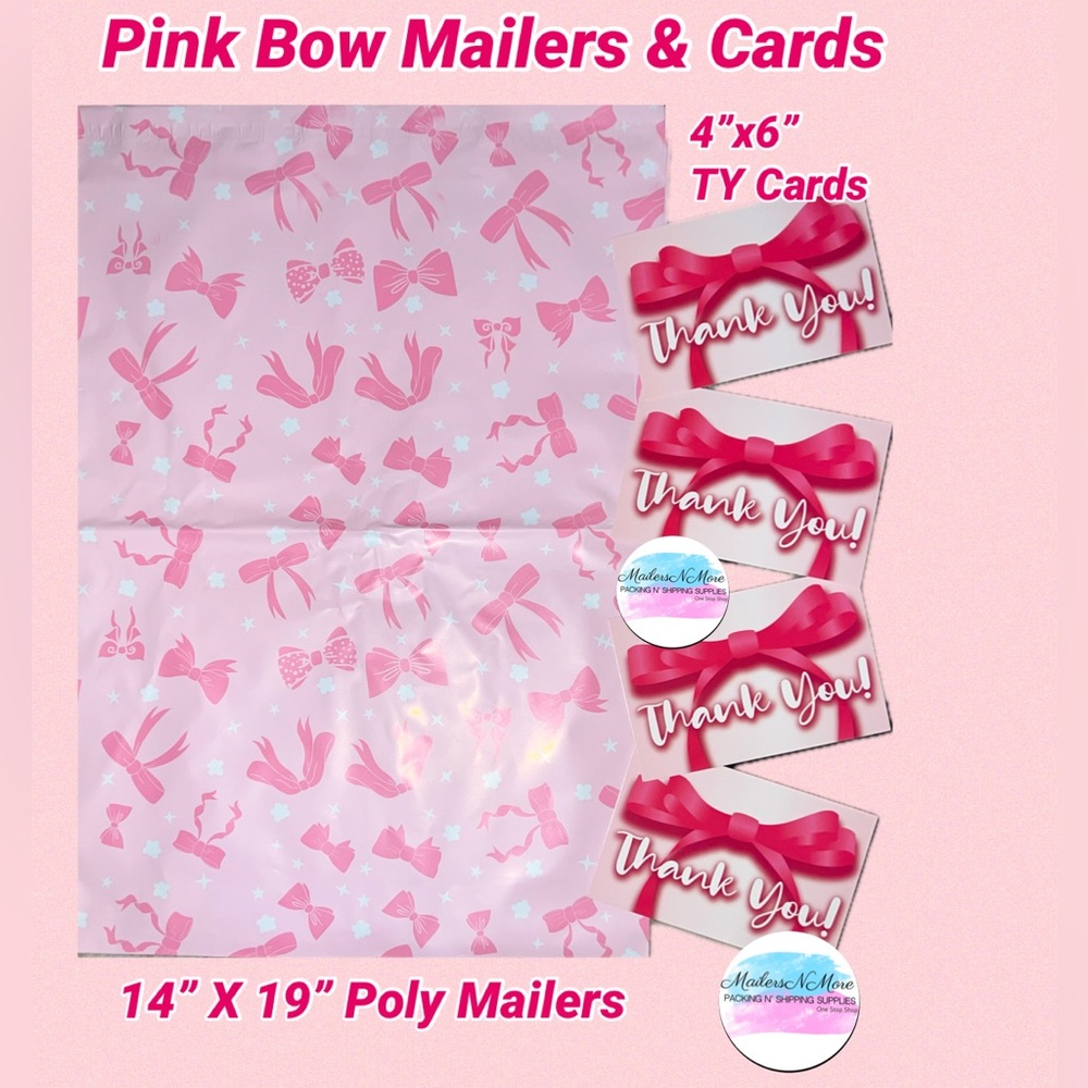 Pink Bow Set Poly Mailers w/ 4”x6” TY Cards - choose mailer size